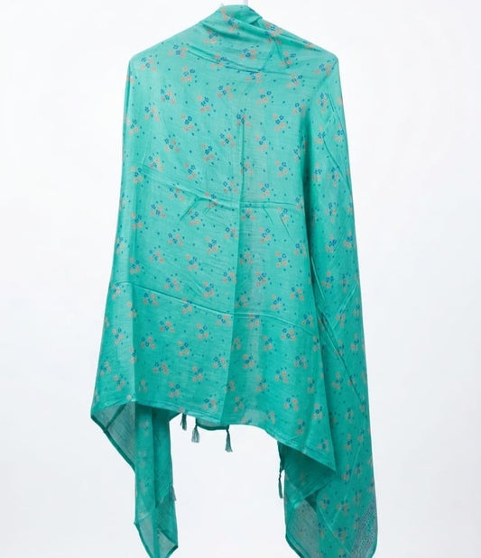 Floral Printed Pure Cotton Stole with Tassels – Sea Green