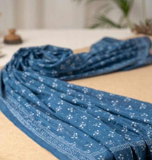Indigo Blue Floral Printed Pure Cotton Stole & Dupatta –Lightweight Wrap