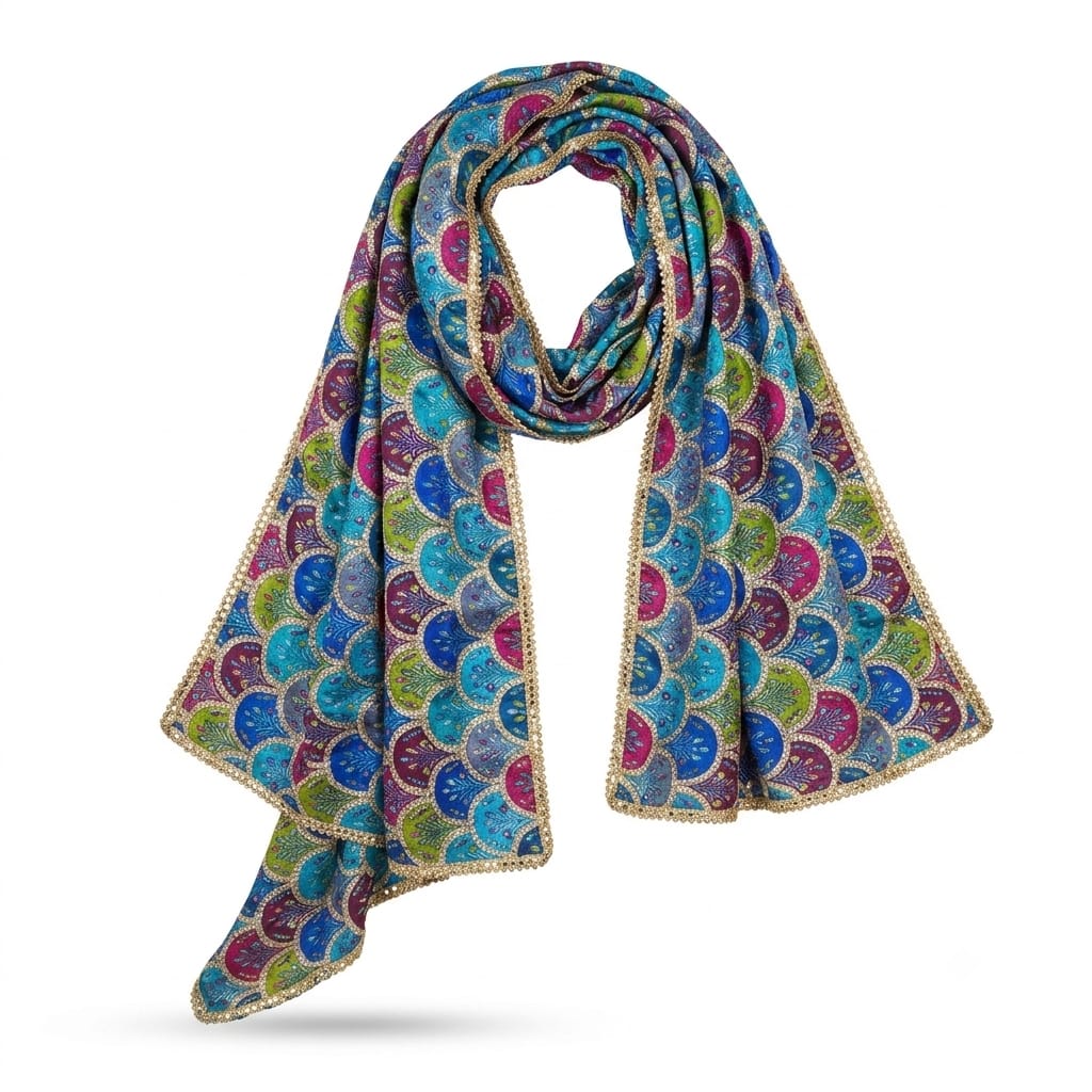 Multi-Color Peacock Scallop Cotton Silk Dupatta with Golden Lace Border
