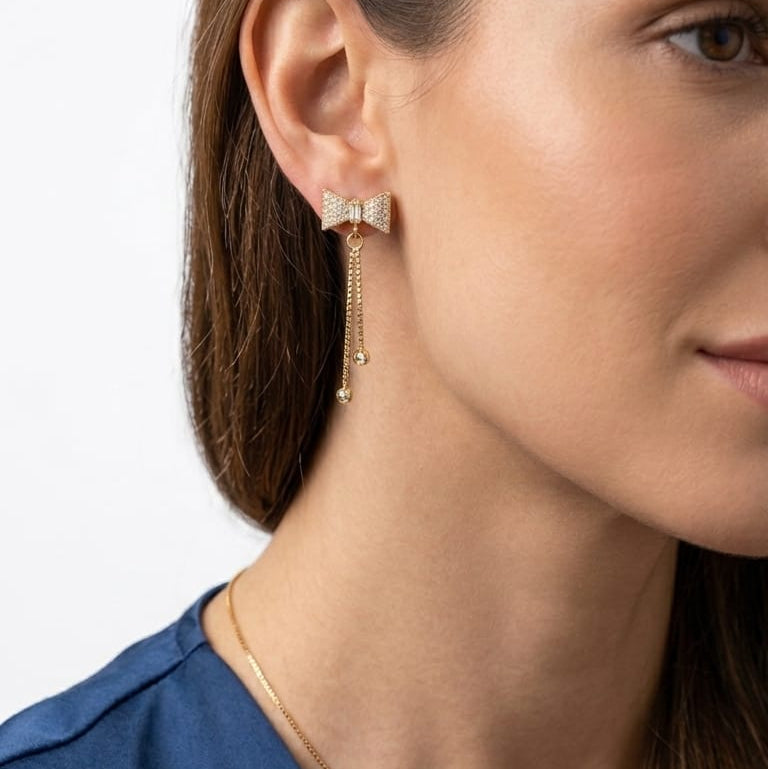 Coquette Ribbon Bow AD Stud Earrings with Dual Chain & Bead Drops