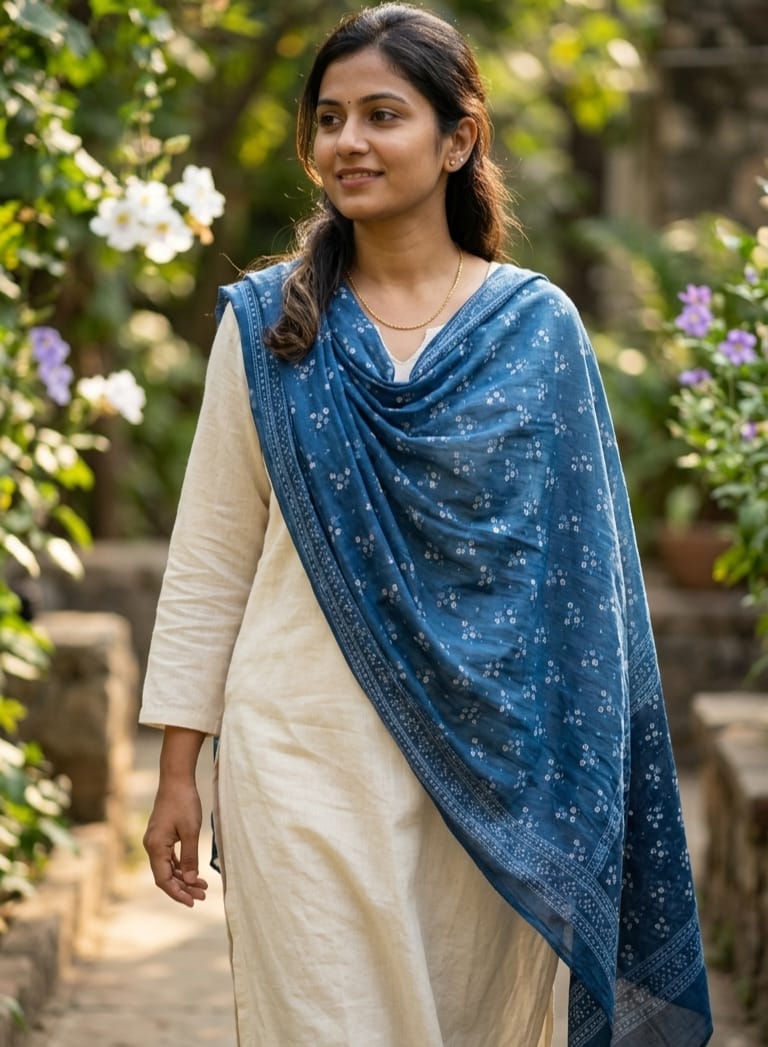 Indigo Blue Floral Printed Pure Cotton Stole & Dupatta –Lightweight Wrap