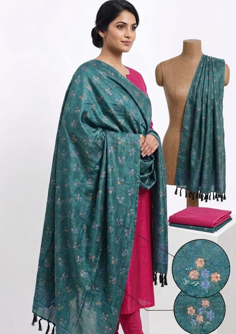 Deep Peacock Teal Ditsy Floral Cotton Shawl & Dupatta with Tassel Fringe