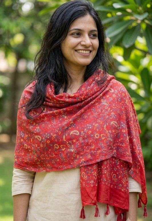 Brick Red Paisley & Floral Printed Cotton Shawl with Tassel Fringe