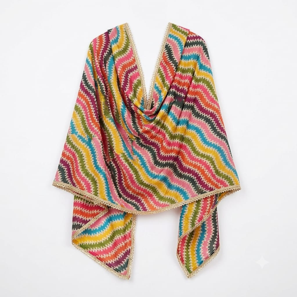 Multicolor Wave Cotton Silk Dupatta with Gold Scalloped Lace Border