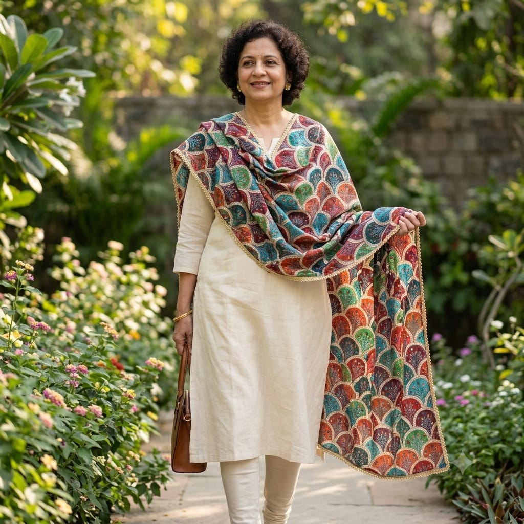 Multicolor Scallop Motif Cotton Silk Dupatta with Golden Lace Border