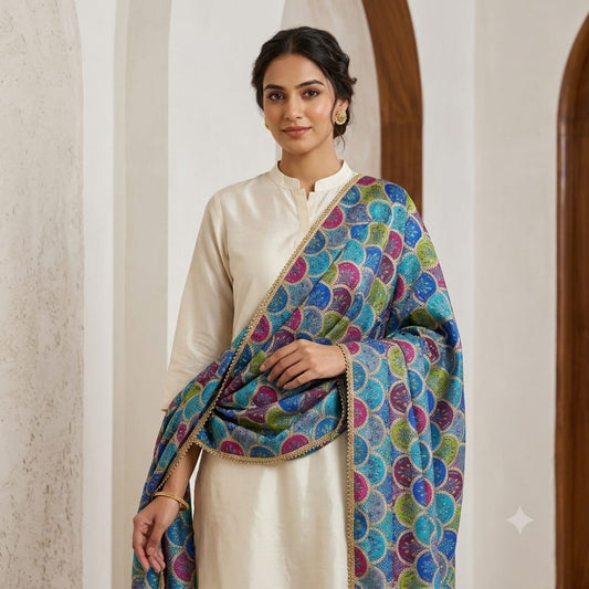 Multi-Color Peacock Scallop Cotton Silk Dupatta with Golden Lace Border