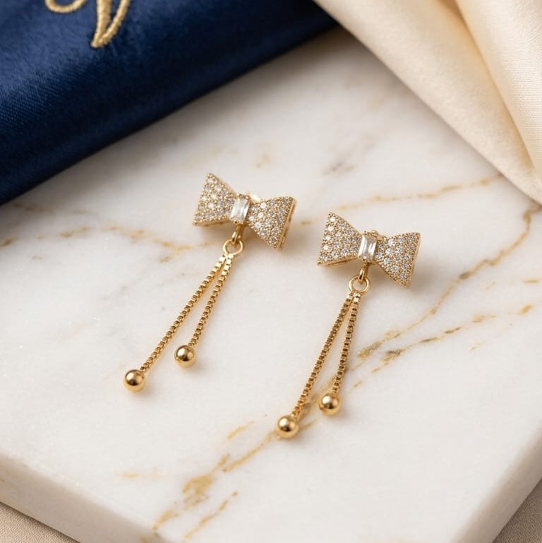 Coquette Ribbon Bow AD Stud Earrings with Dual Chain & Bead Drops