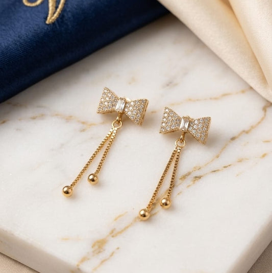 Coquette Ribbon Bow AD Stud Earrings with Dual Chain & Bead Drops