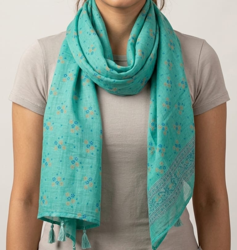Floral Printed Pure Cotton Stole with Tassels – Sea Green