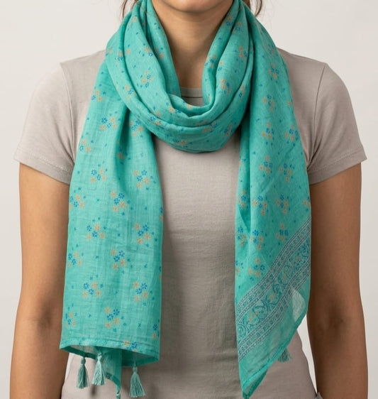 Floral Printed Pure Cotton Stole with Tassels – Sea Green