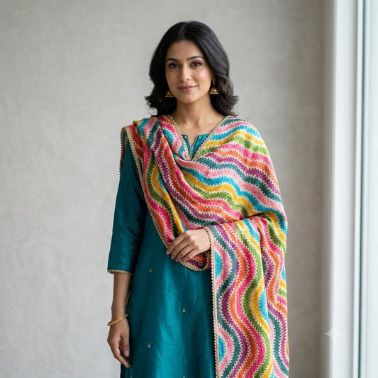 Multicolor Wave Cotton Silk Dupatta with Gold Scalloped Lace Border