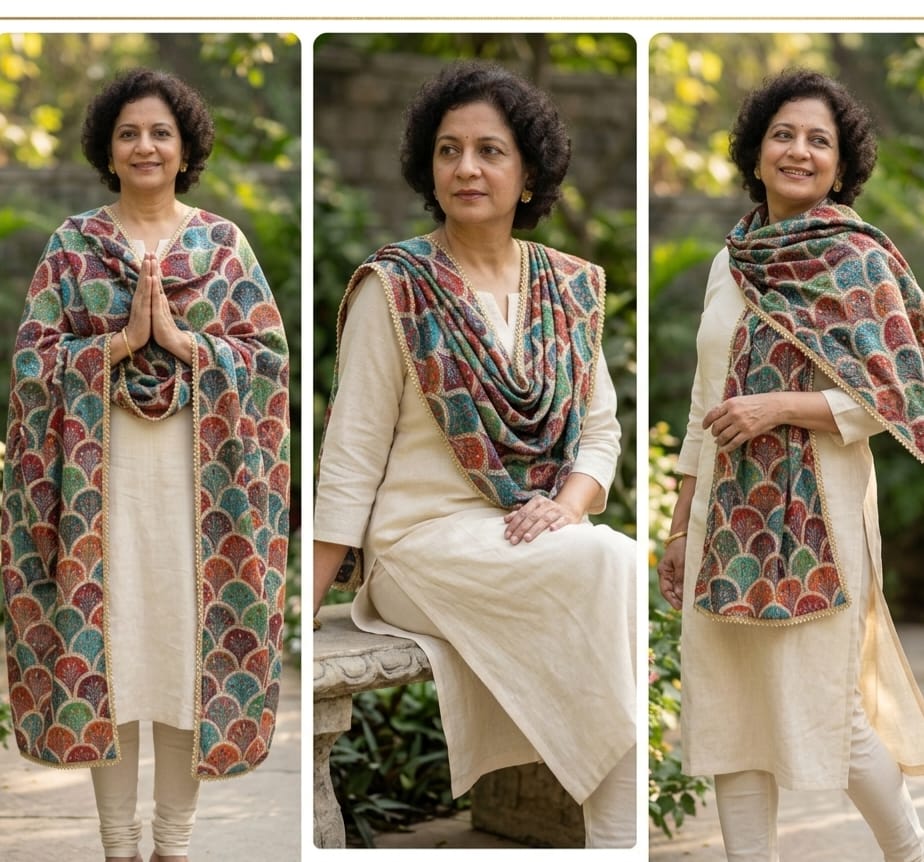 Multicolor Scallop Motif Cotton Silk Dupatta with Golden Lace Border