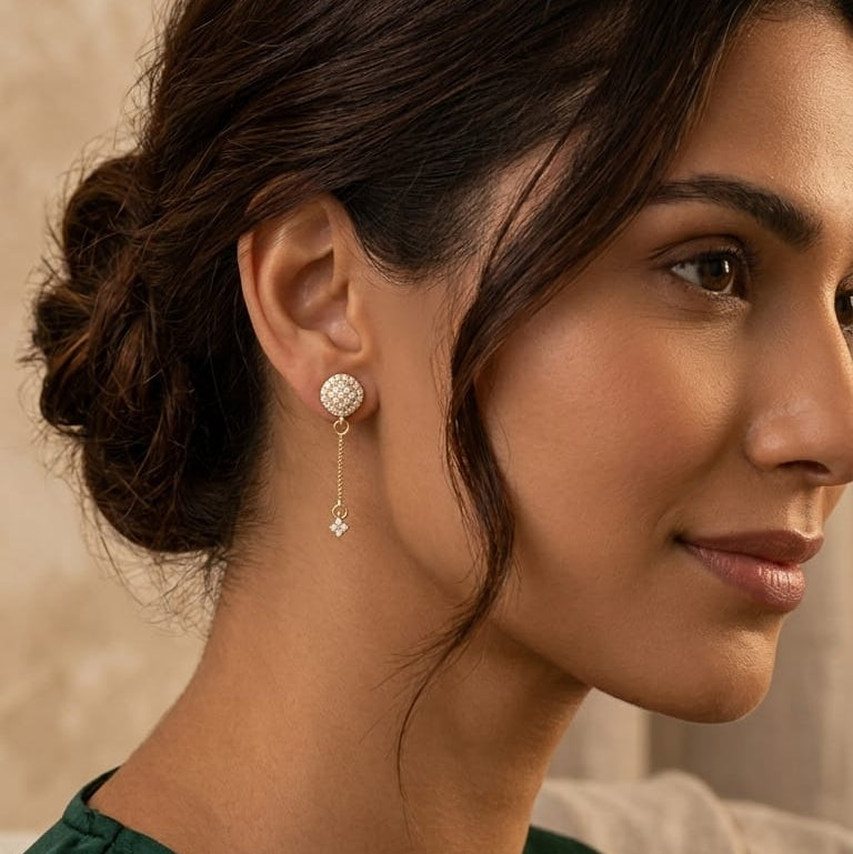 Premium AD Cushion Pavé Drop Earrings with Sleek Chain Detail