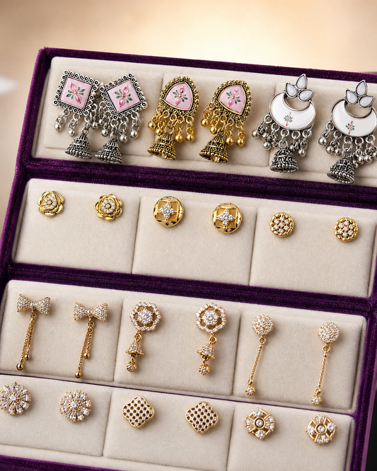 12-Pair Luxury Earring Wardrobe with Plush Velvet Box | American Diamond Studs, Jhumkis & Evening Drops