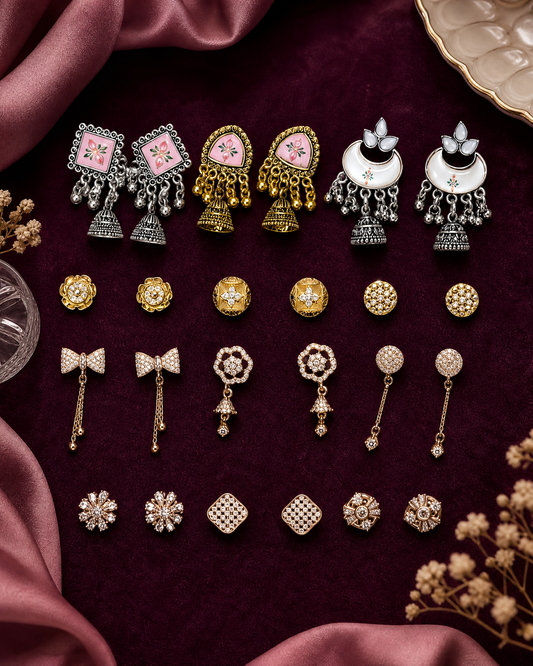 12-Pair Luxury Earring Wardrobe with Plush Velvet Box | American Diamond Studs, Jhumkis & Evening Drops